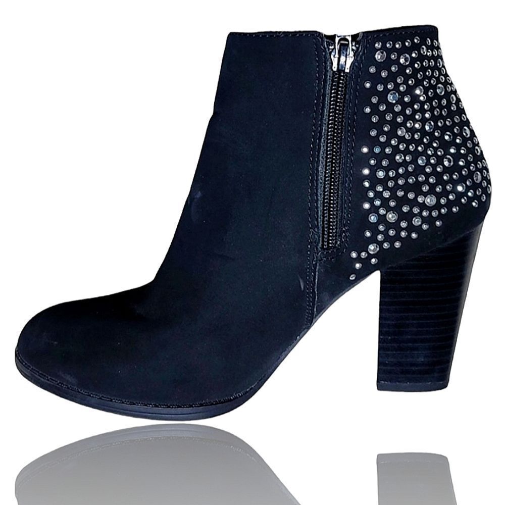 Bicca Rhinestone Bling Chunky Heel Black Booties